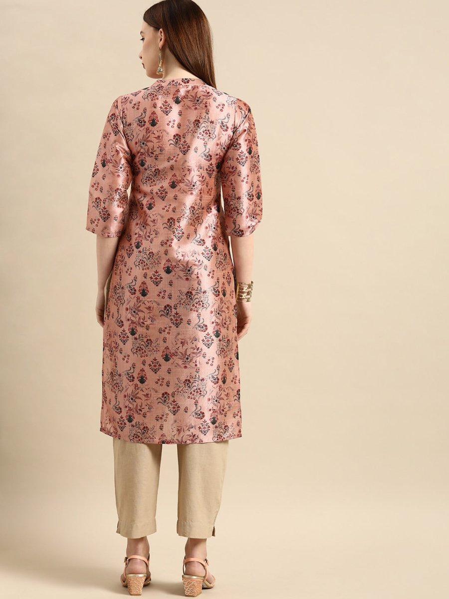 All About You Women Dusty Pink Floral Block Print Chanderi Silk Blend Straight Kurta