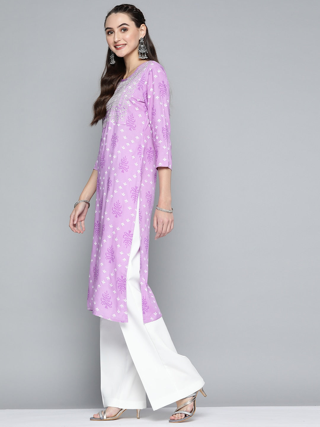 HERE&NOW Women Purple & White Ethnic Motifs Printed Embroidered Work Kurta