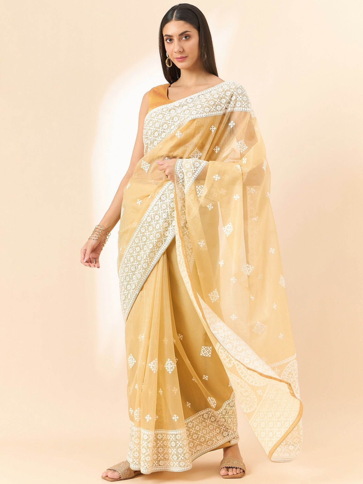 Beige Organza Geometric Embroidered Saree with Unstitched Blouse Piece - Roozal