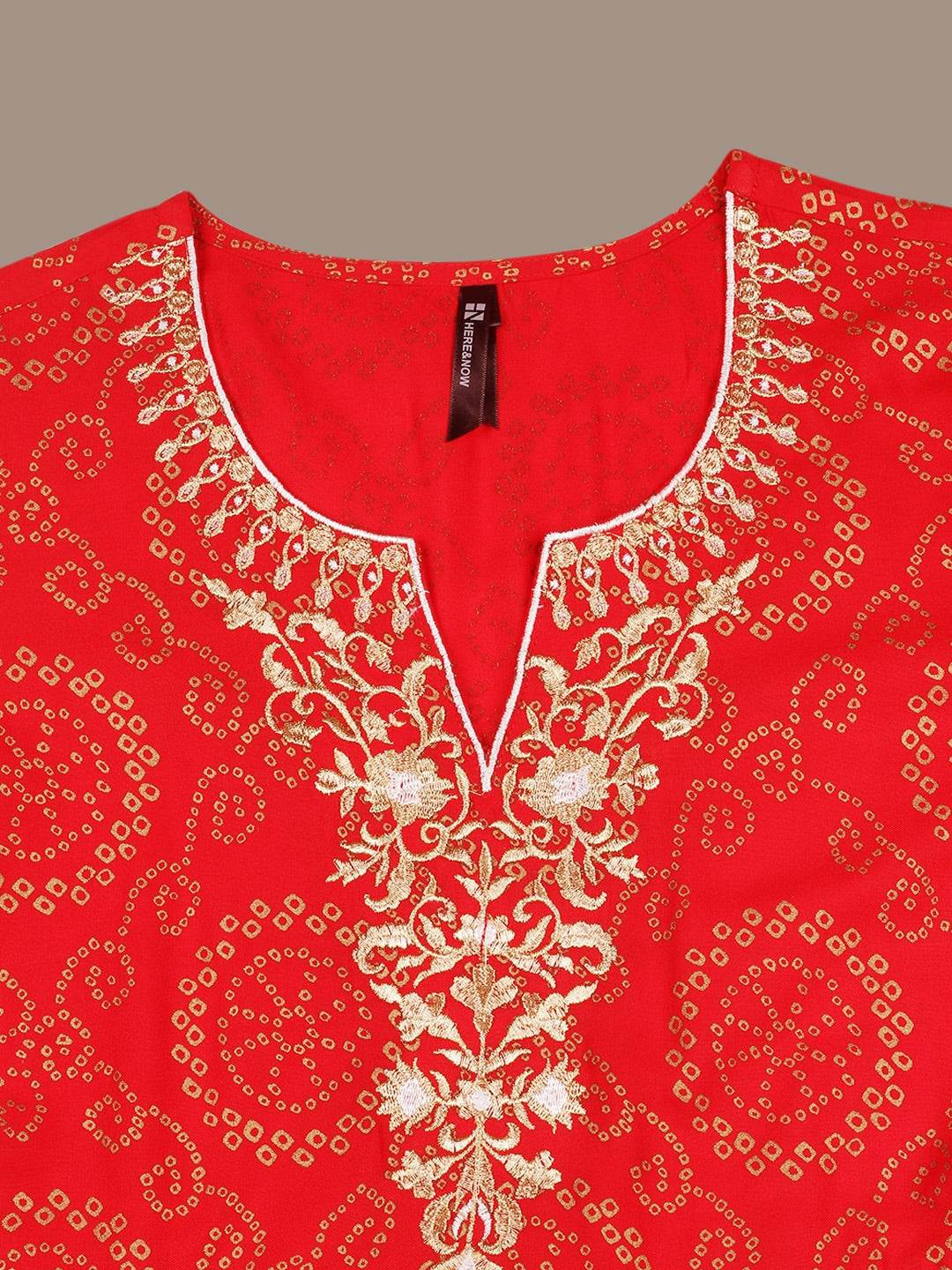 HERE&NOW Bandhani Printed Thread Work Embroidered Anarkali Kurta