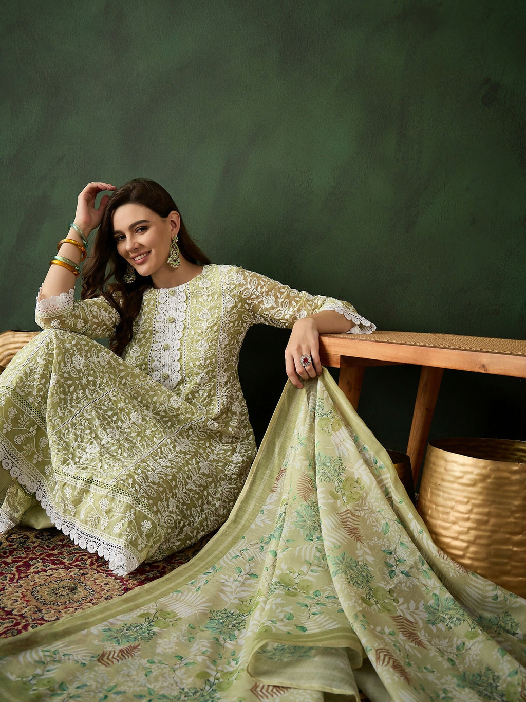 Green Crystal Organza schiffli embroidery Kurta With Trouser & Dupatta - Bhumi