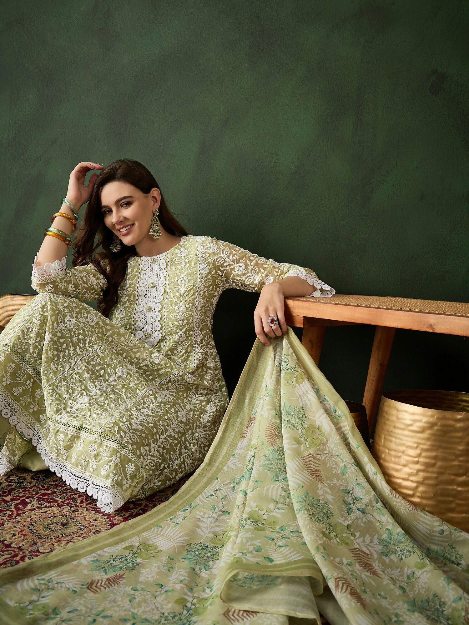 Green Crystal Organza schiffli embroidery Kurta With Trouser & Dupatta - Bhumi