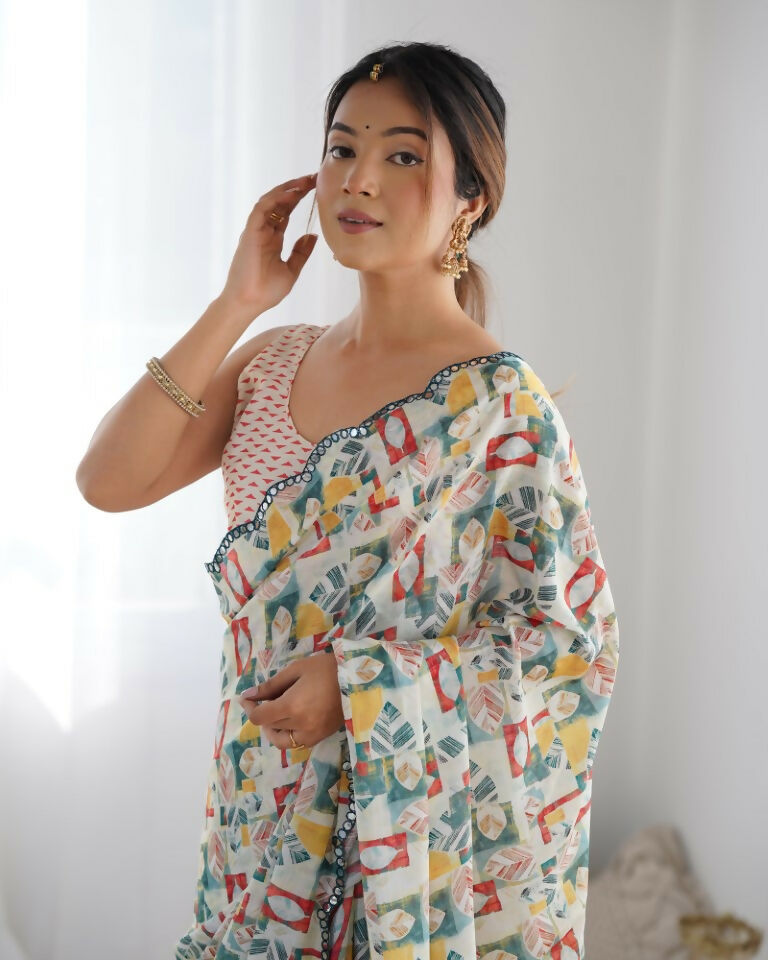 Off White Chinon Designer Digital Printed & Mirror Cut Work Saree - Kriti