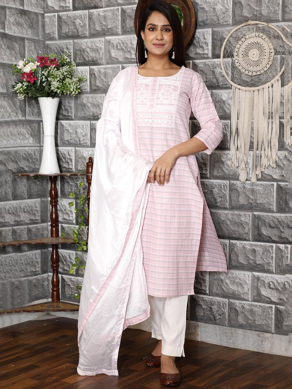 HERE&NOW Pink Embroidered Sequinned Pure Cotton Kurta with Trousers & With Dupatta