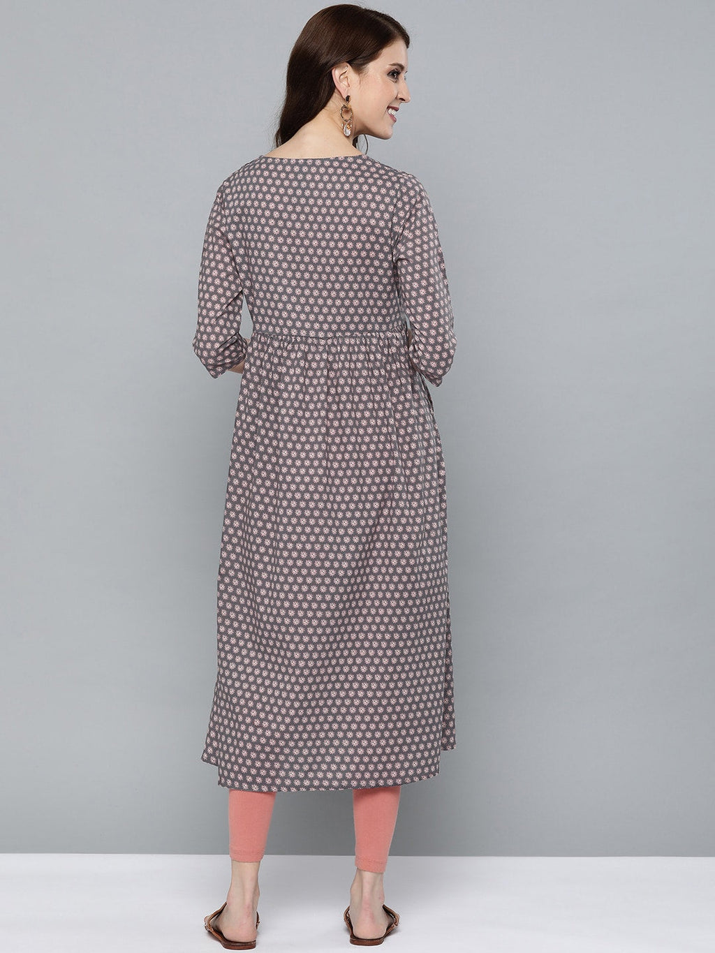 HERE&NOW Women Grey & Pink Floral Print Empire A-Line Kurta