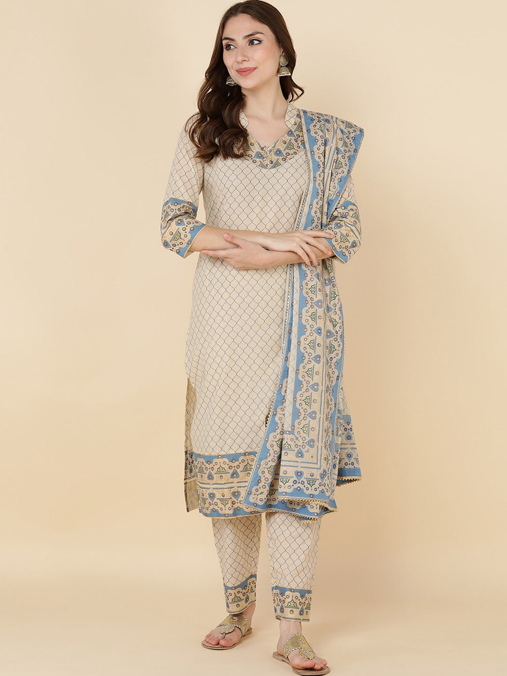 HERE&NOW Women Beige Floral Printed Pure Cotton Kurta with Trousers & With Dupatta