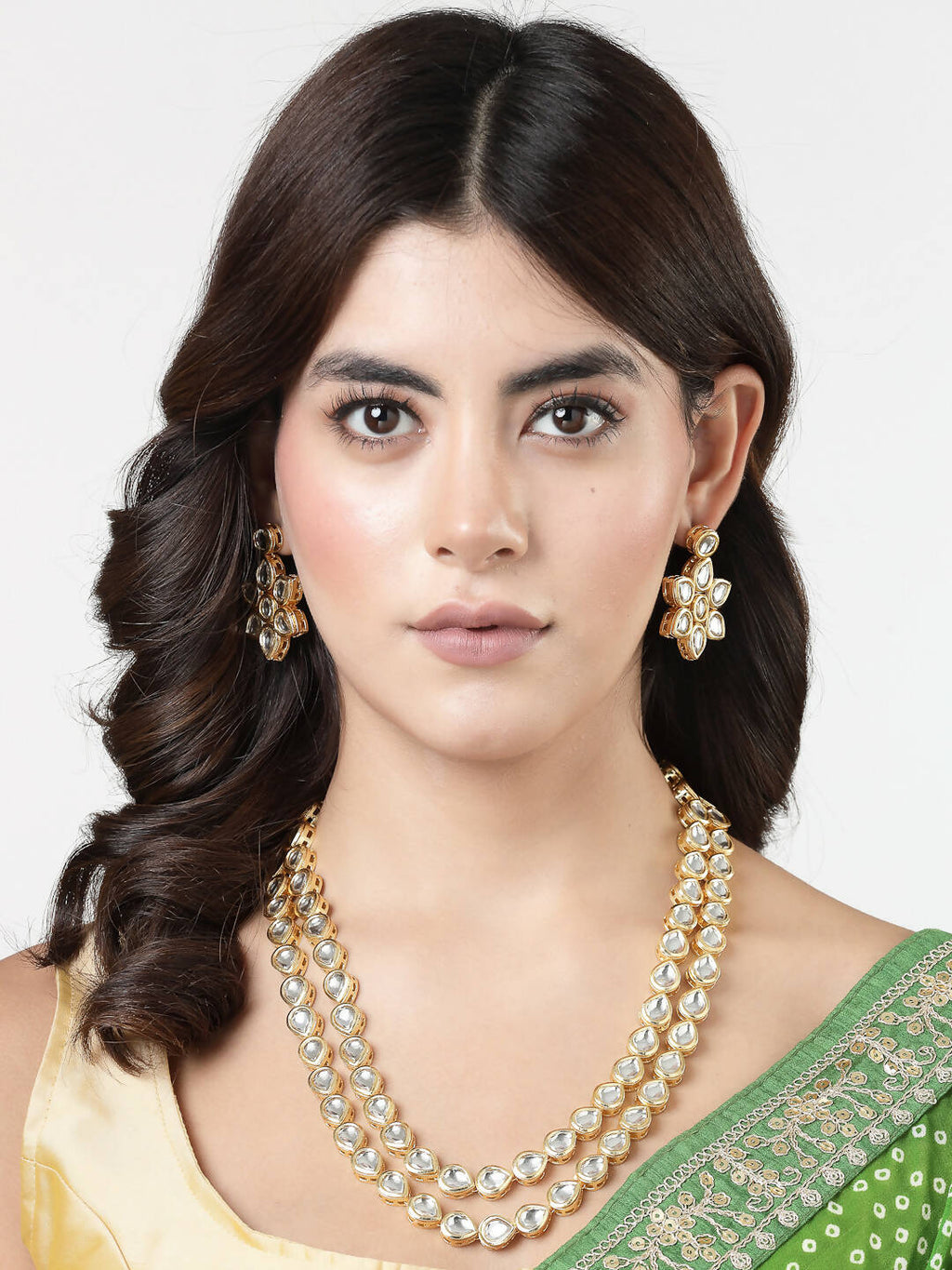 NVR Women's Gold-Polished Kundan 2 Layered Handcrafted Jewellery Sets With Drop Earrings