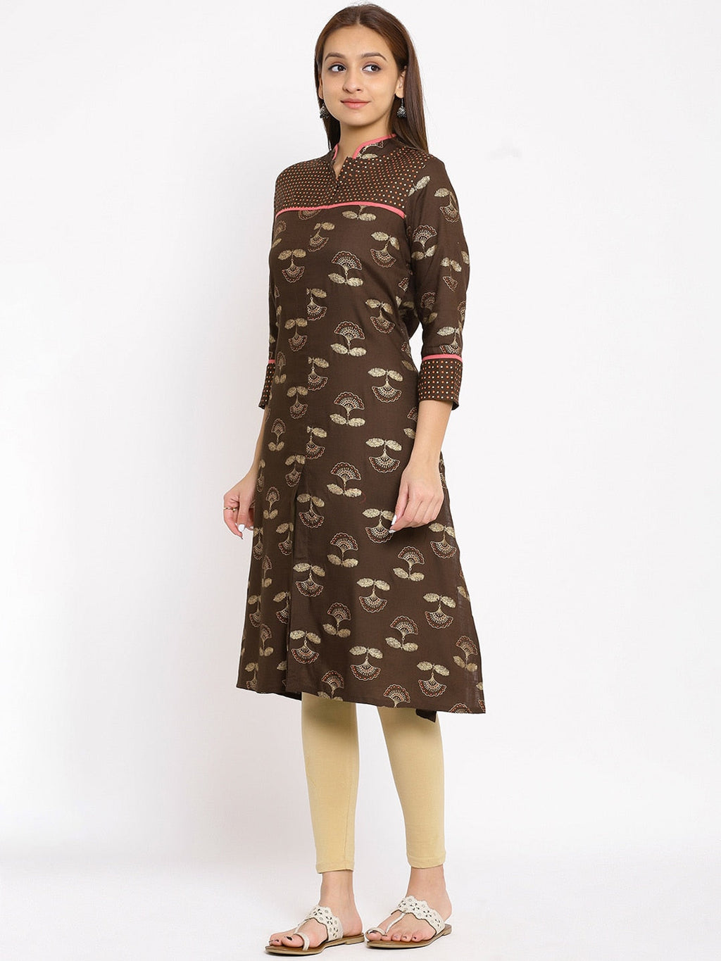 HERE&NOW Brown & Beige Mandarin Collar Floral Printed Straight Kurta