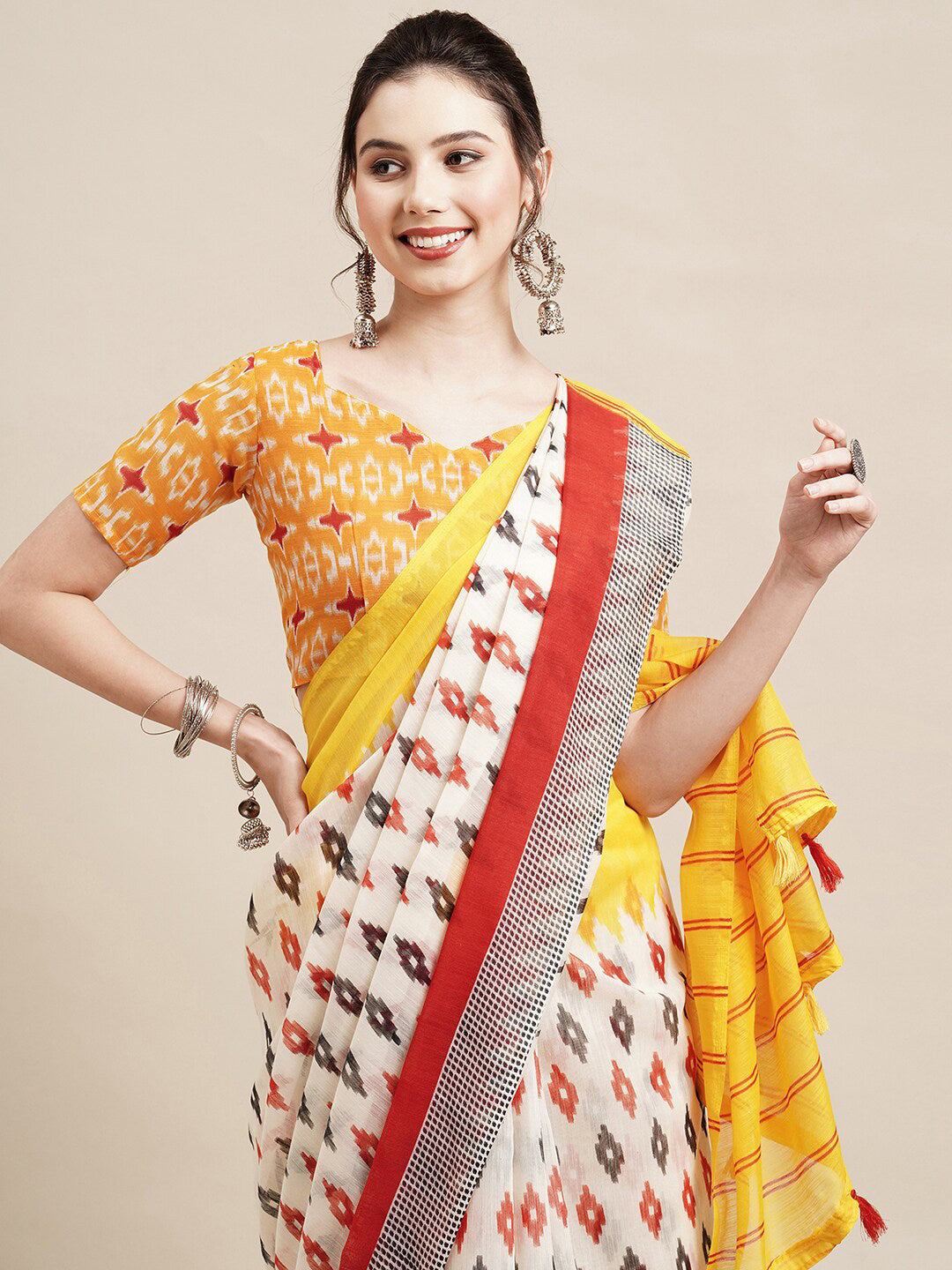 Saree Mall Off White & Red Pure Cotton Saree