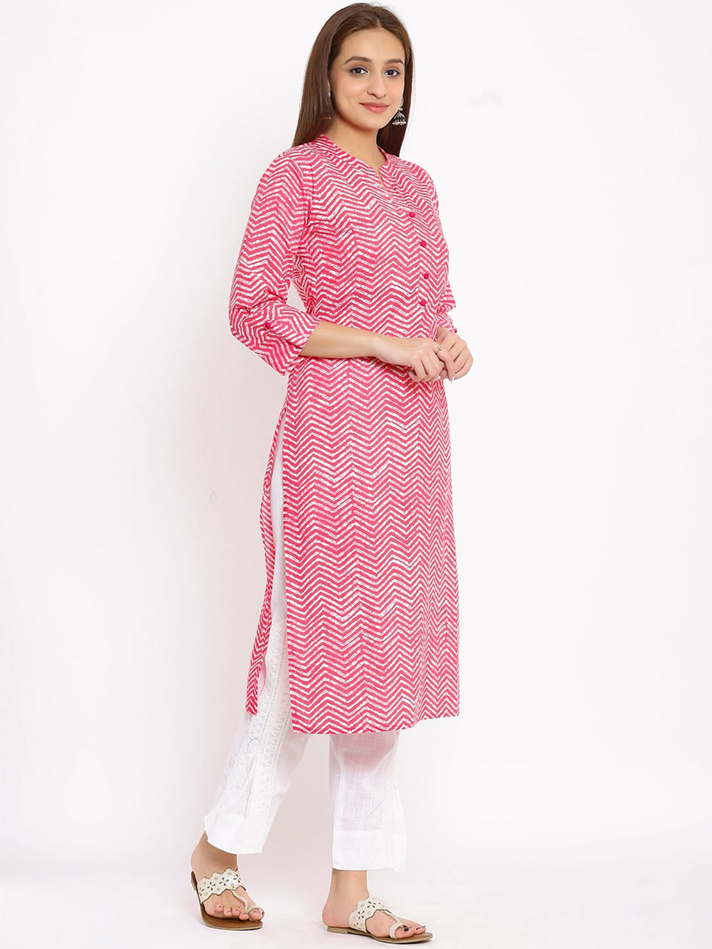 HERE&NOW Pink Chevron Printed Regular Kurta with Trousers