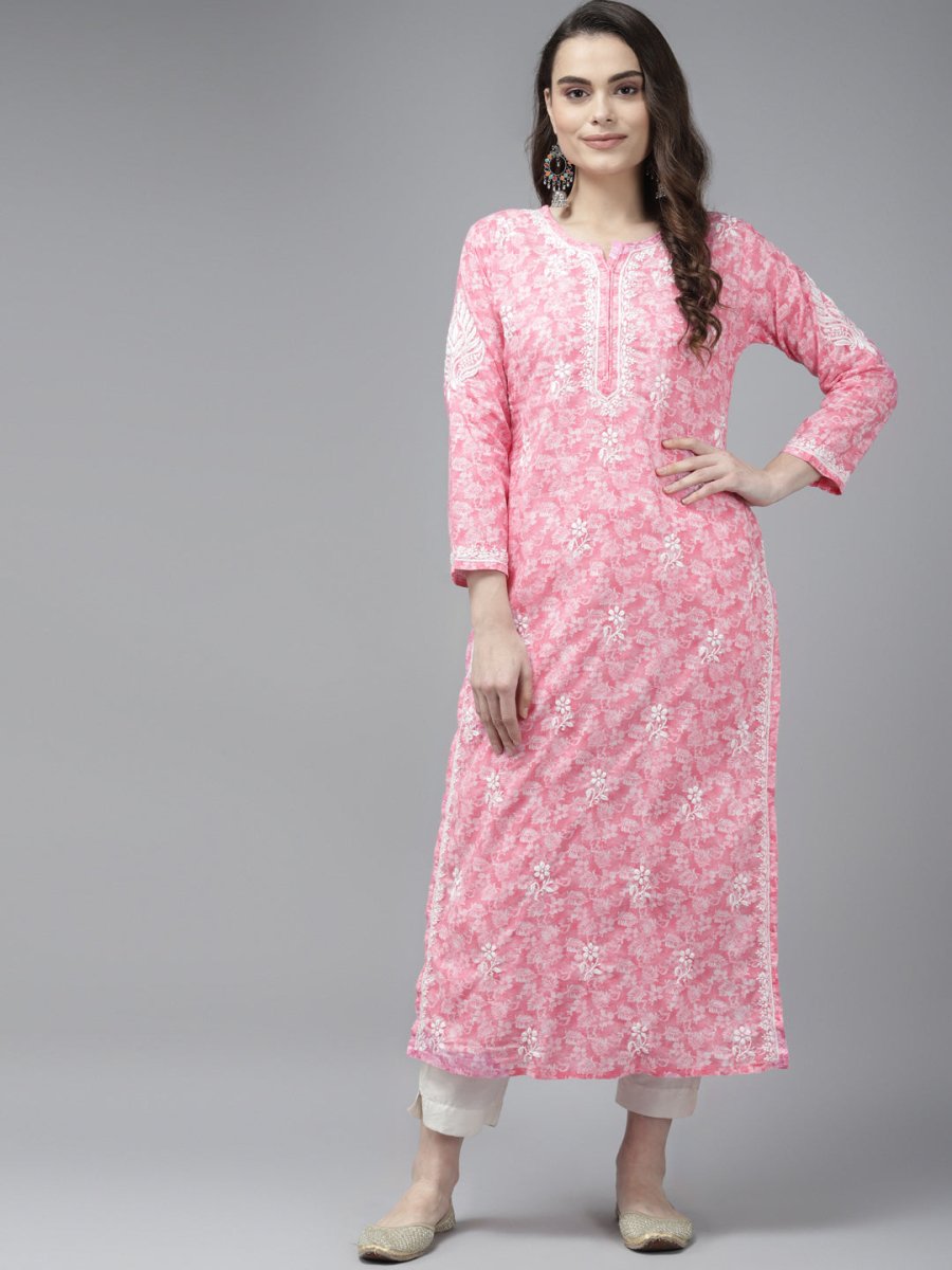 ADA Women Pink & White Floral Chikankari Cotton Handloom Kurta