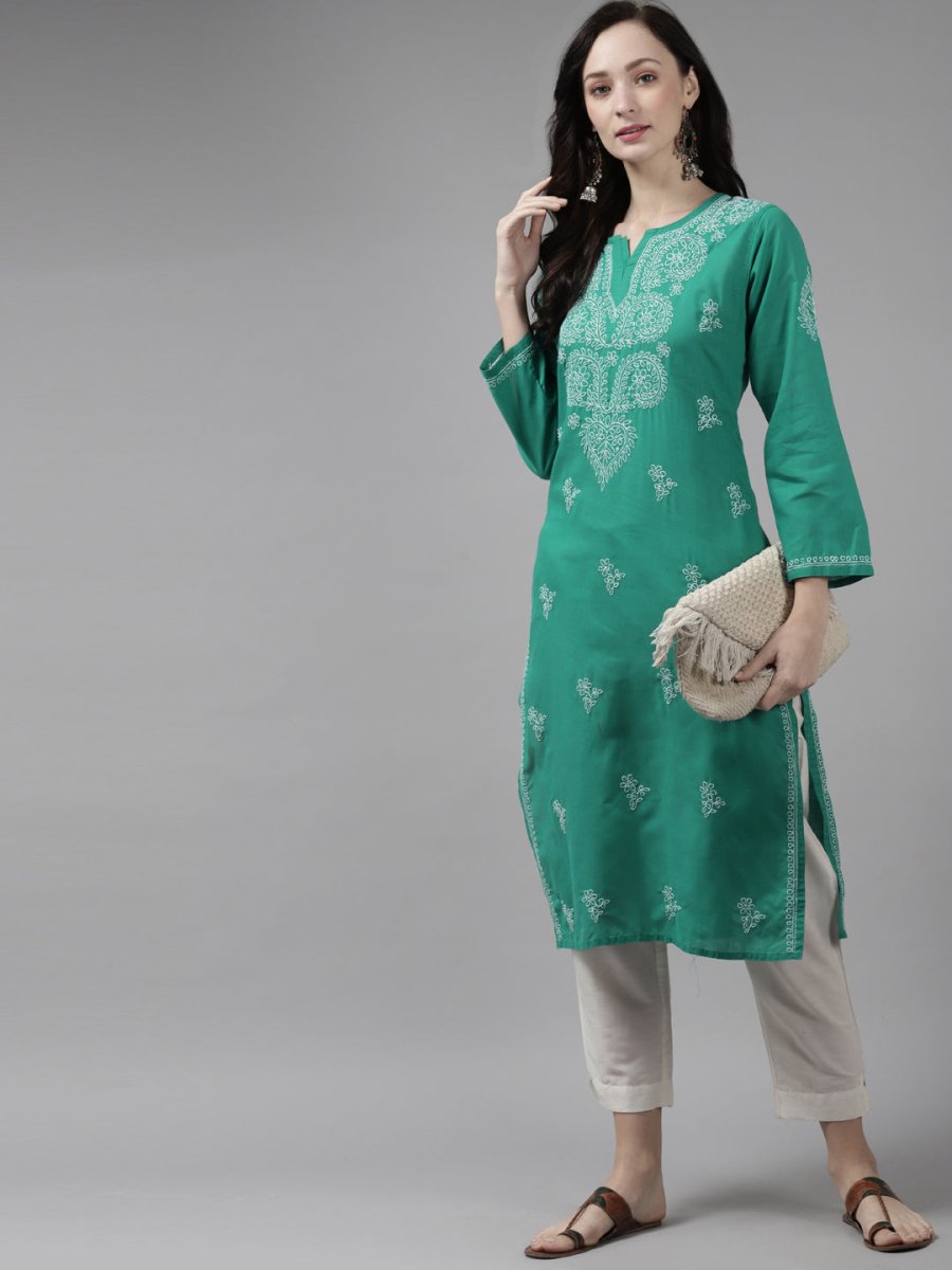 ADA Women Green & White Ethnic Motifs Hand Embroidered Chikankari Handloom Kurta