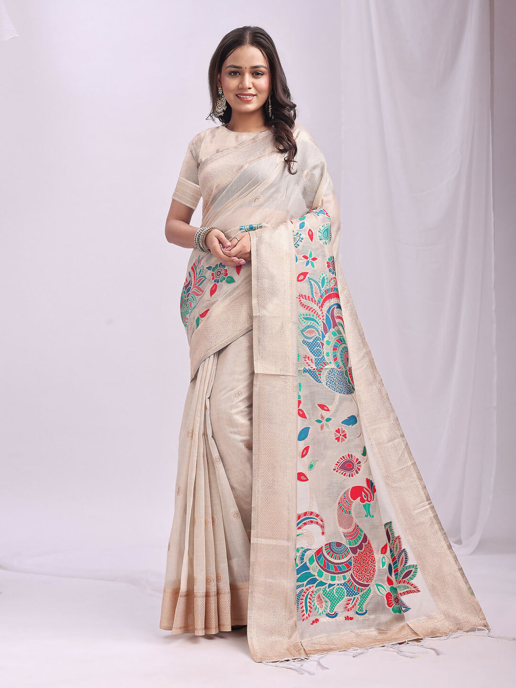 Shree Shyam Fashion Linen Cotton Cream Saree