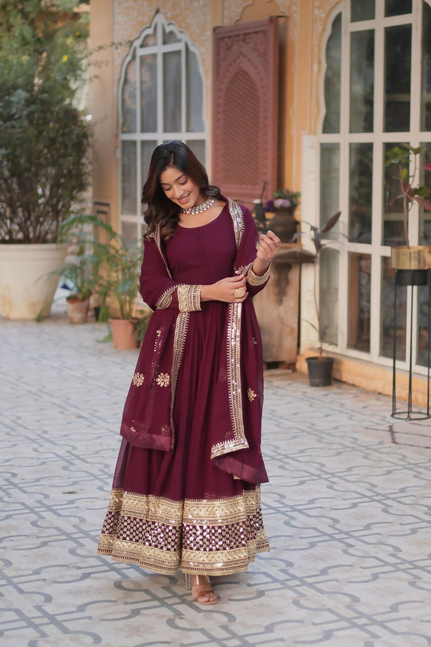 Vastranavya Premium Designer Faux Blooming with Embroidery Zari Sequins work Gown - Maroon