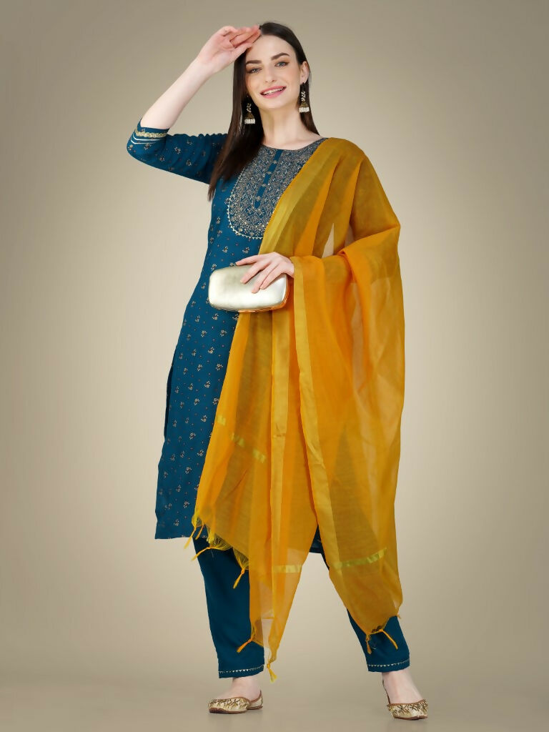 Jyoti Fashion Women's Morpich Cotton Magic Slub Embroidery & Sequence work Kurta with Trouser & Dupatta
