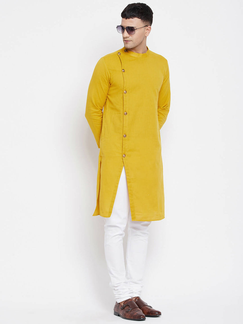 Even Apparels Yellow Pure Cotton Men's Sherwani Kurta With Asymetrical Cut