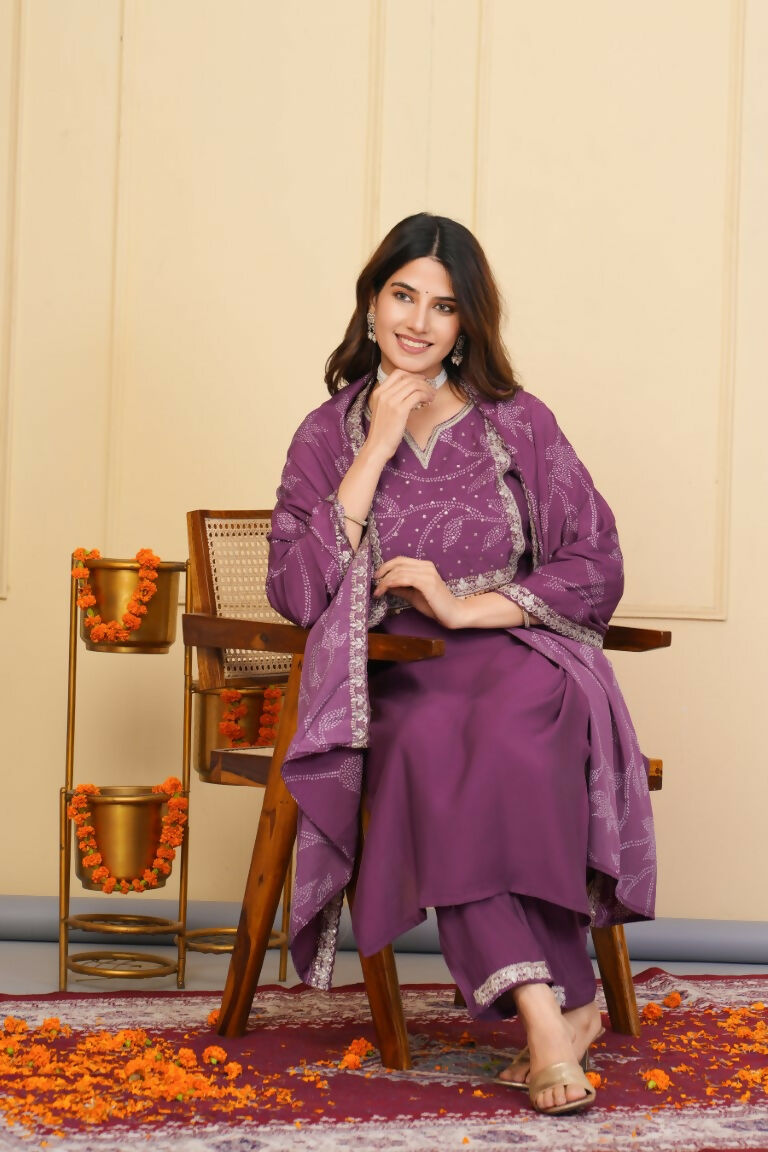 Wine Viscose Chanderi Embroidered Stitched Suit With Dupatta - Tanisha