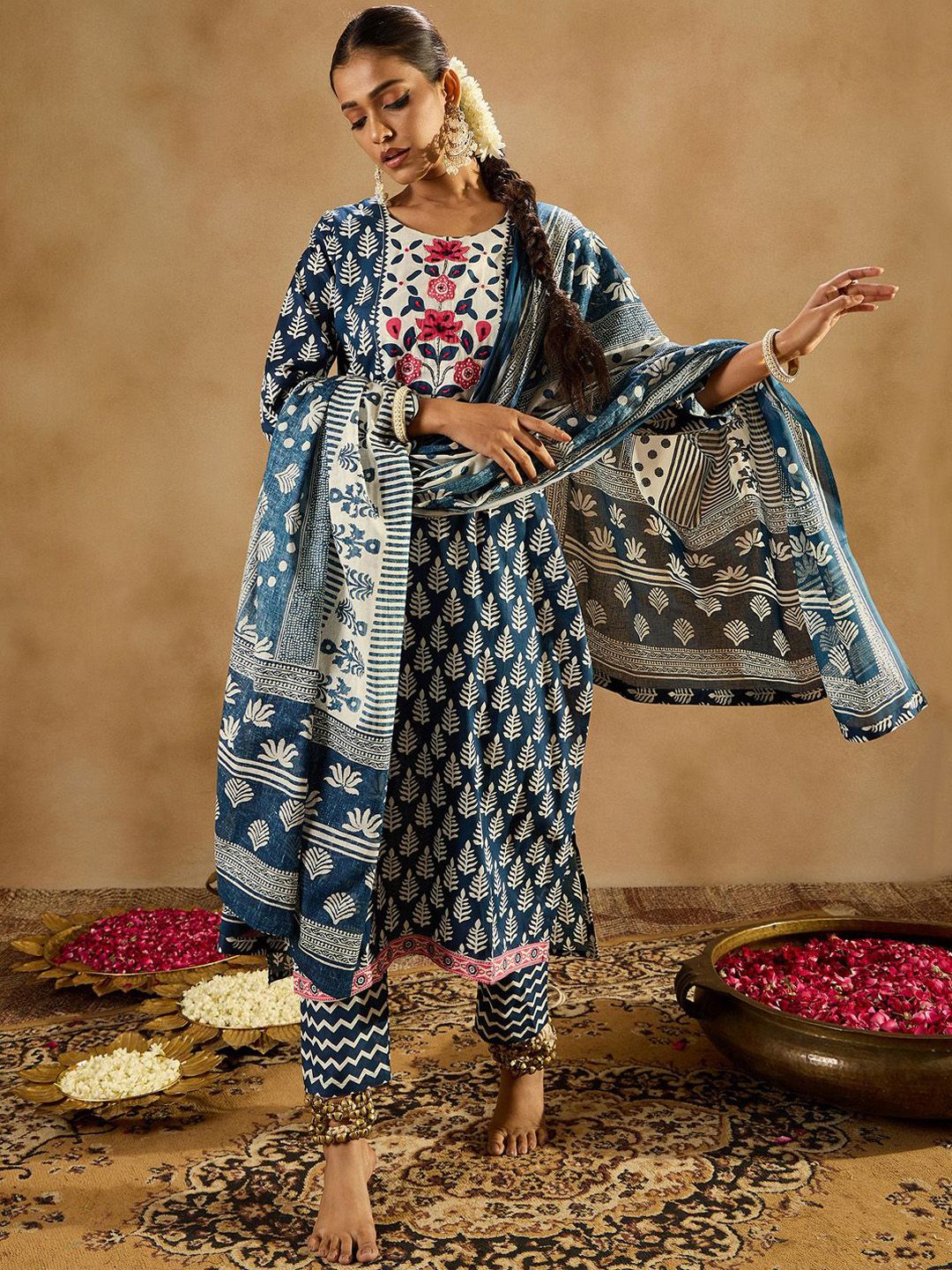 Indo Era Ethnic Motifs Printed Thread Work Pure Cotton Kurta with Trousers & Dupatta