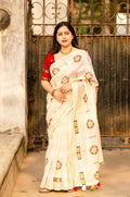 Cream Cotton Blend Warli Saree with Unstitched Blouse - Hiral Fashion