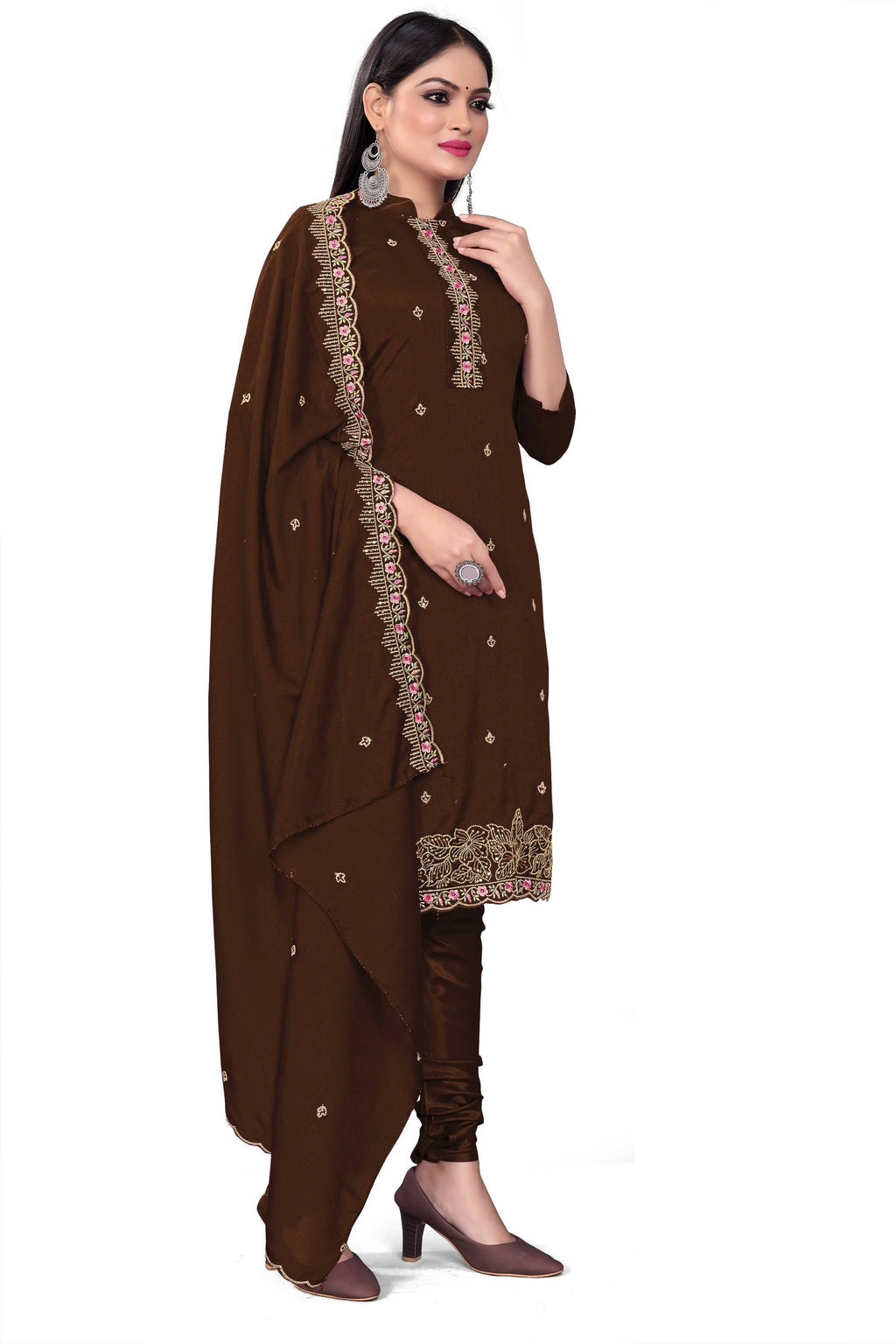 Brown Silk Embroidered with Sequins work Unstitched Dress Material - Tanvi