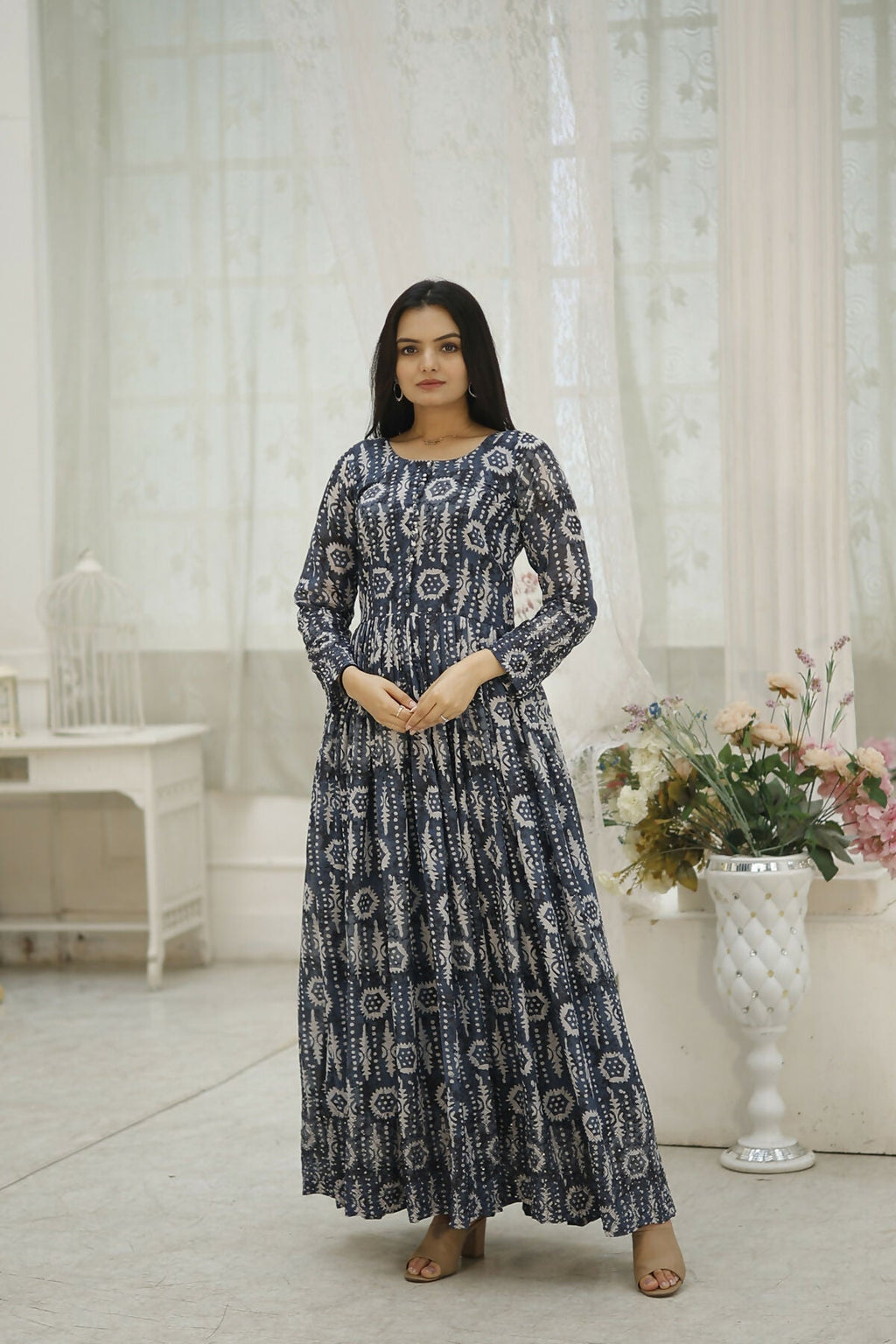 Aayaa Printed Faux Georgette with Embroidery Thread Sequins work Gown - Multi Color