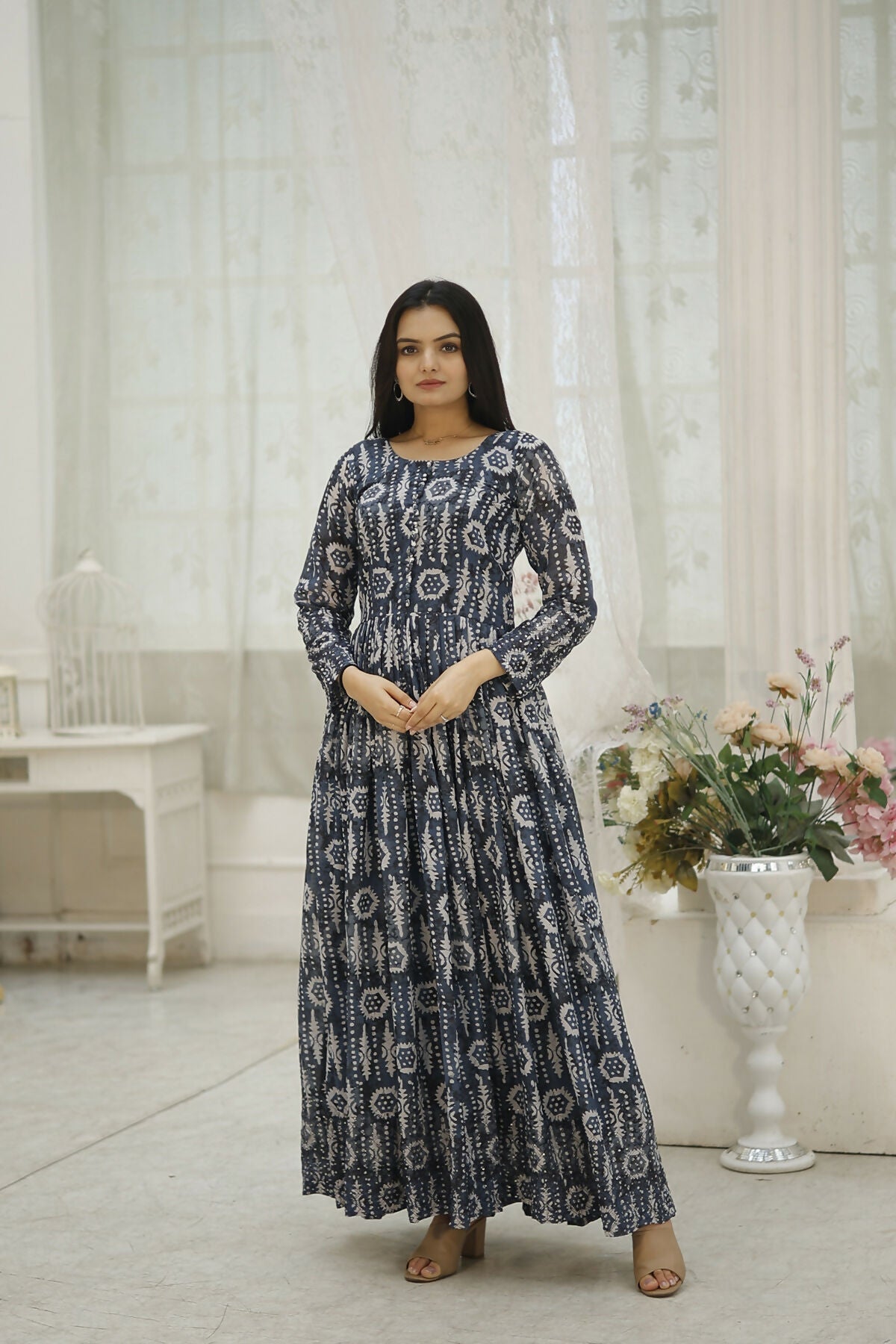 Aayaa Printed Faux Georgette with Embroidery Thread Sequins work Gown - Multi Color