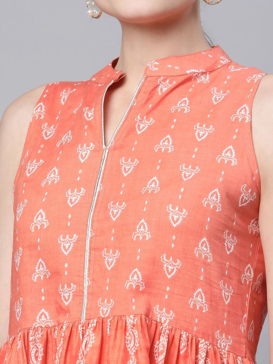 Ahalyaa Women Orange Pure Cotton Porcian Print Tunic