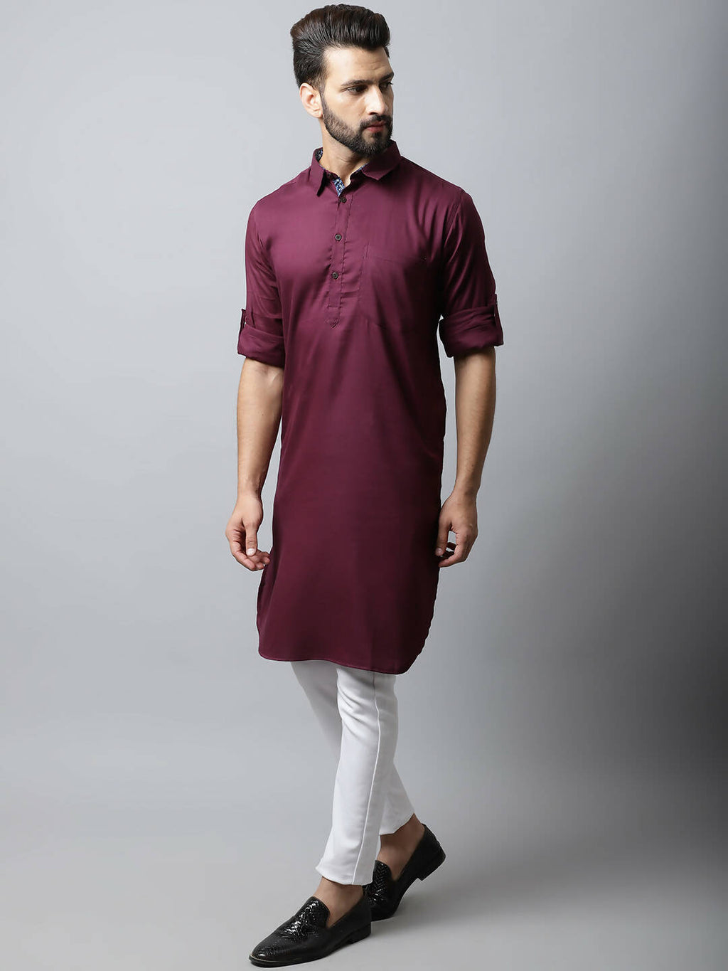 Even Apparels Maroon Color Pure Cotton Solid Men's Kurta With Shirt Collar (MMS755)