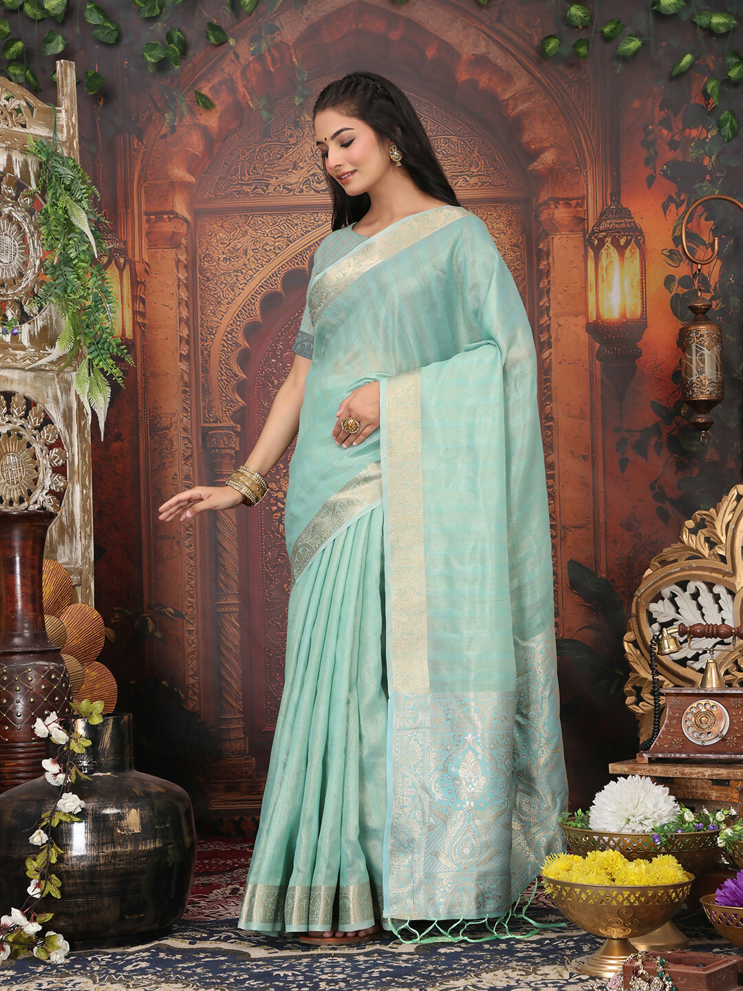 Shree Shyam Fashion Organza Rama Green Saree