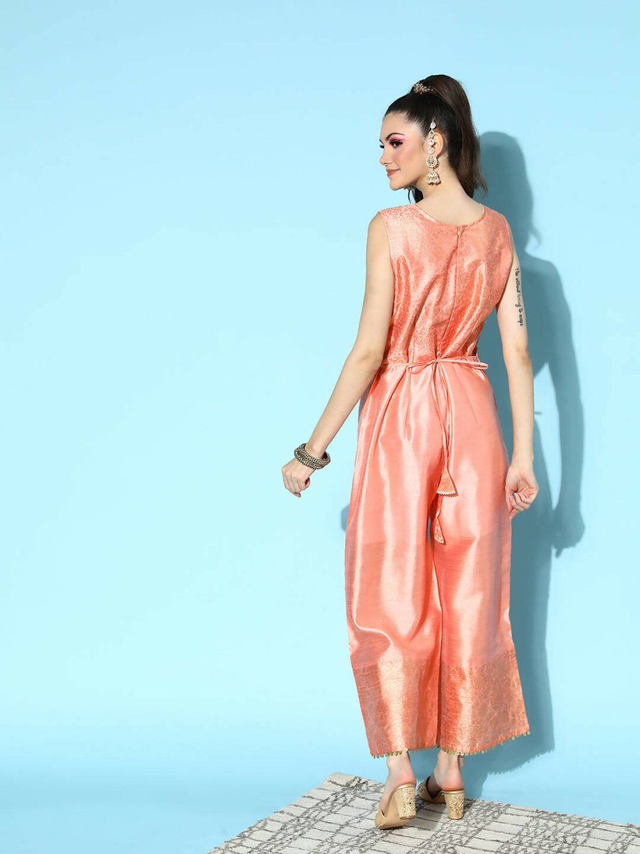 Ahalyaa Womens Peach Poly Silk Solid Jumpsuit