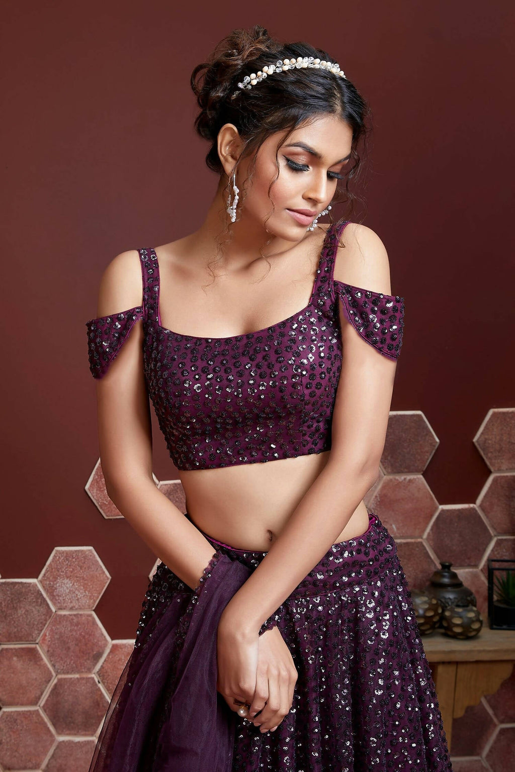 Wedding Designer Wine Net Lehenga Choli - Anbazaar