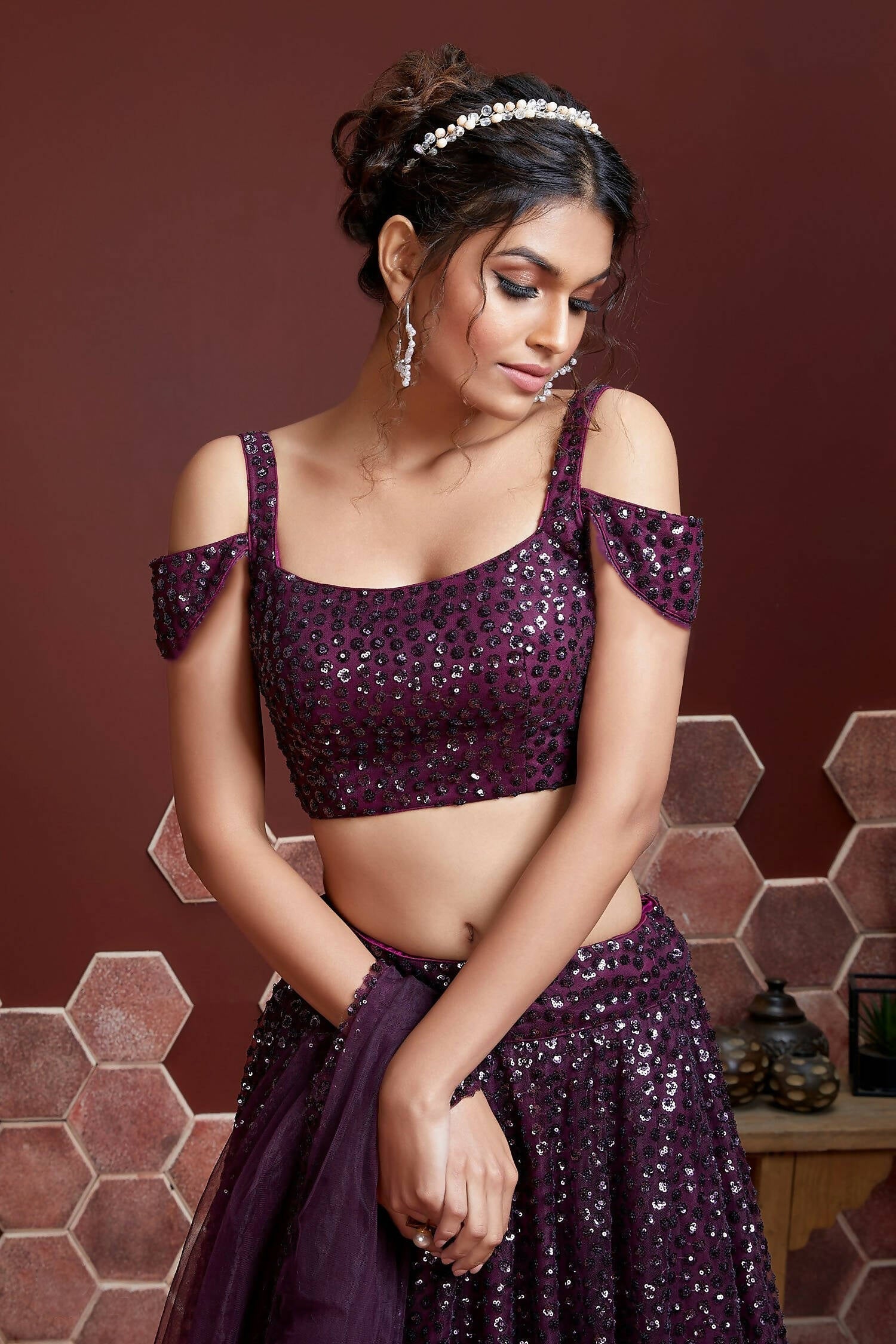 Wedding Designer Wine Net Lehenga Choli - Anbazaar