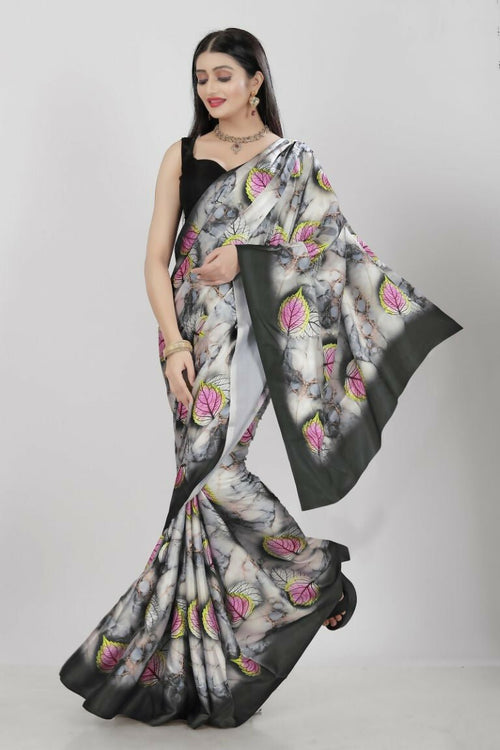 Aayaa Designer Printed Satin Saree - Multi Color