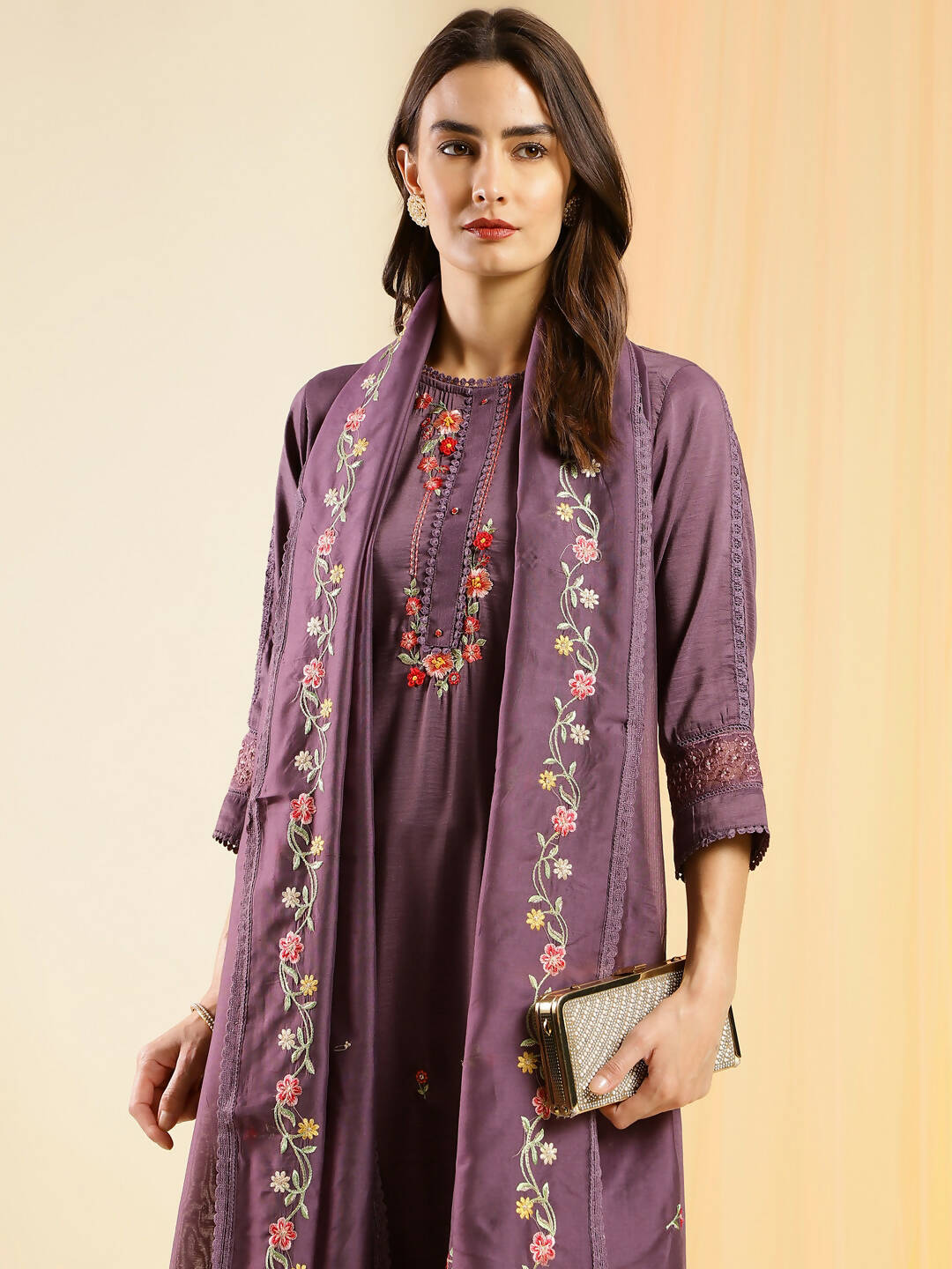 Purple Chinon Embroidered Straight Kurta with Trouser & Dupatta - Salimar