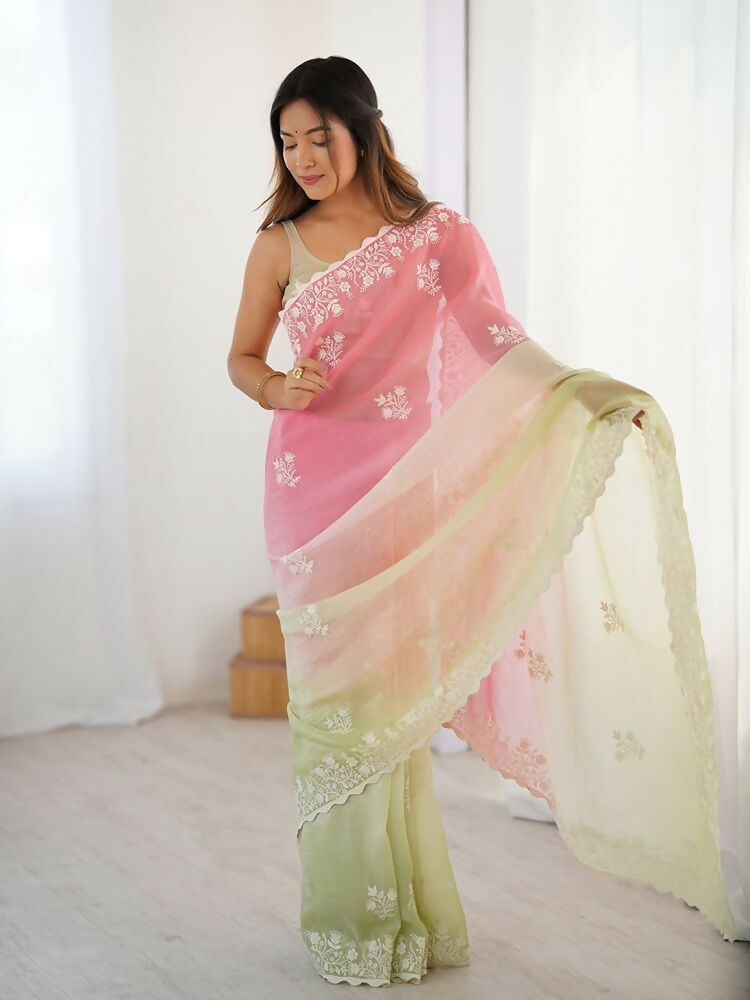 Pink Crunchy Silk Embroidery WorkParty Wear Saree - Lakshita