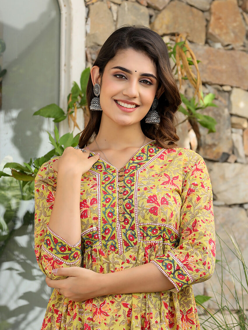 Kaajh Women's Mustard Printed Cotton Handblock Dress