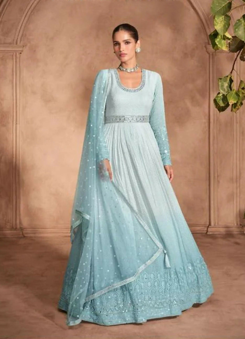 Vastranavya Sky Blue Chikankari Embroidered Sequence Work Abaya Suit