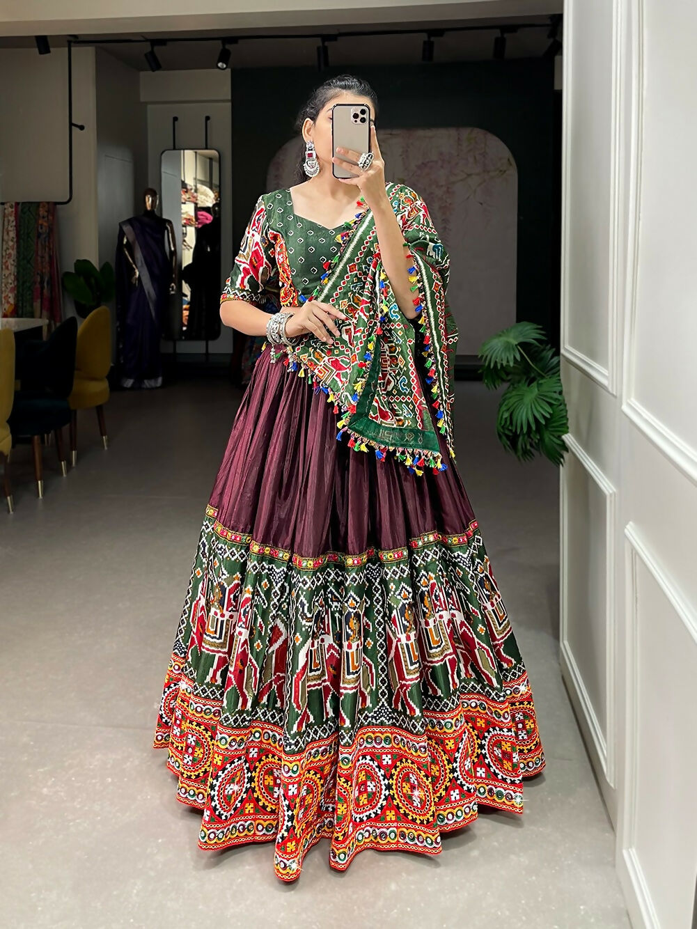 Vastranavya Navaratri Special Dola Silk Patola Print With Gamthi Work and Mirror Work Lace Border - Brown