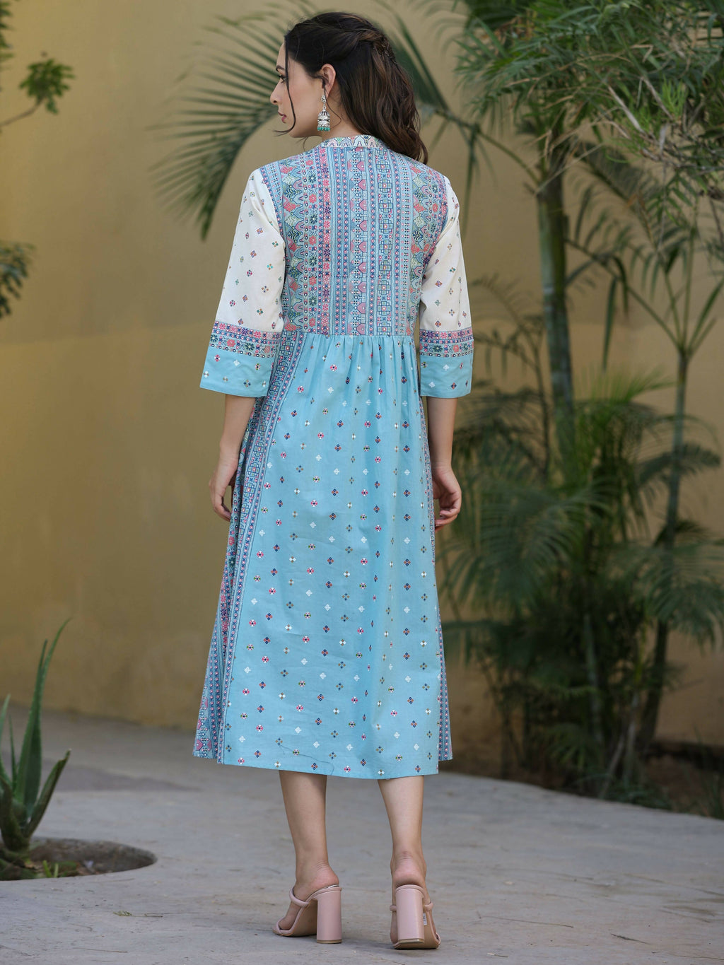 Juniper Women's Skyblue Cambric Printed Flared Dress