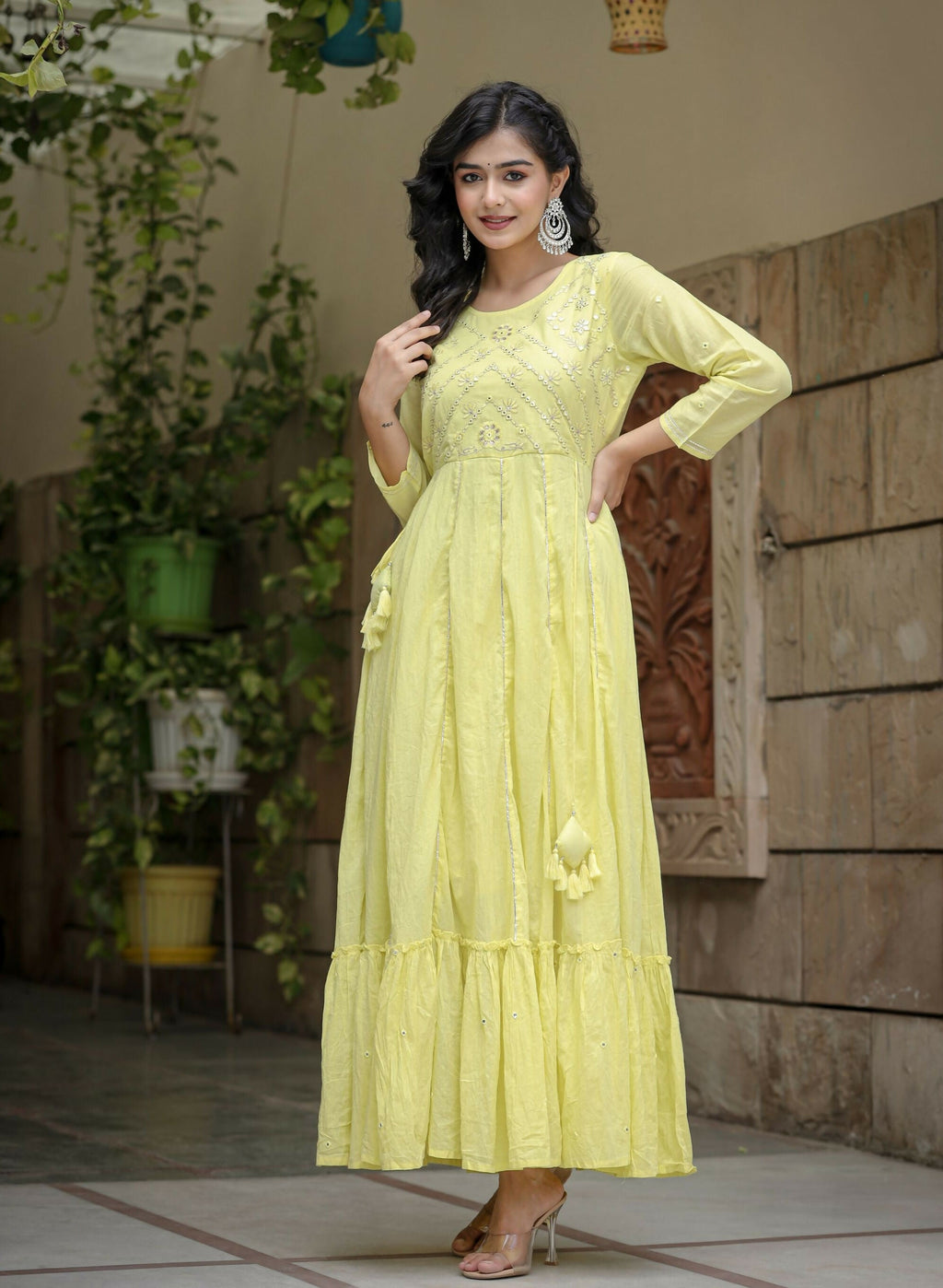 Kaajh Women's Yellow Mirror Embroidered Cotton Dress