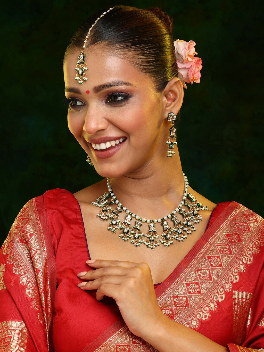 Ruby Raang Gold Polished Kundan Work Green Kundan Collar Necklace With Earrings & Maang Tikka