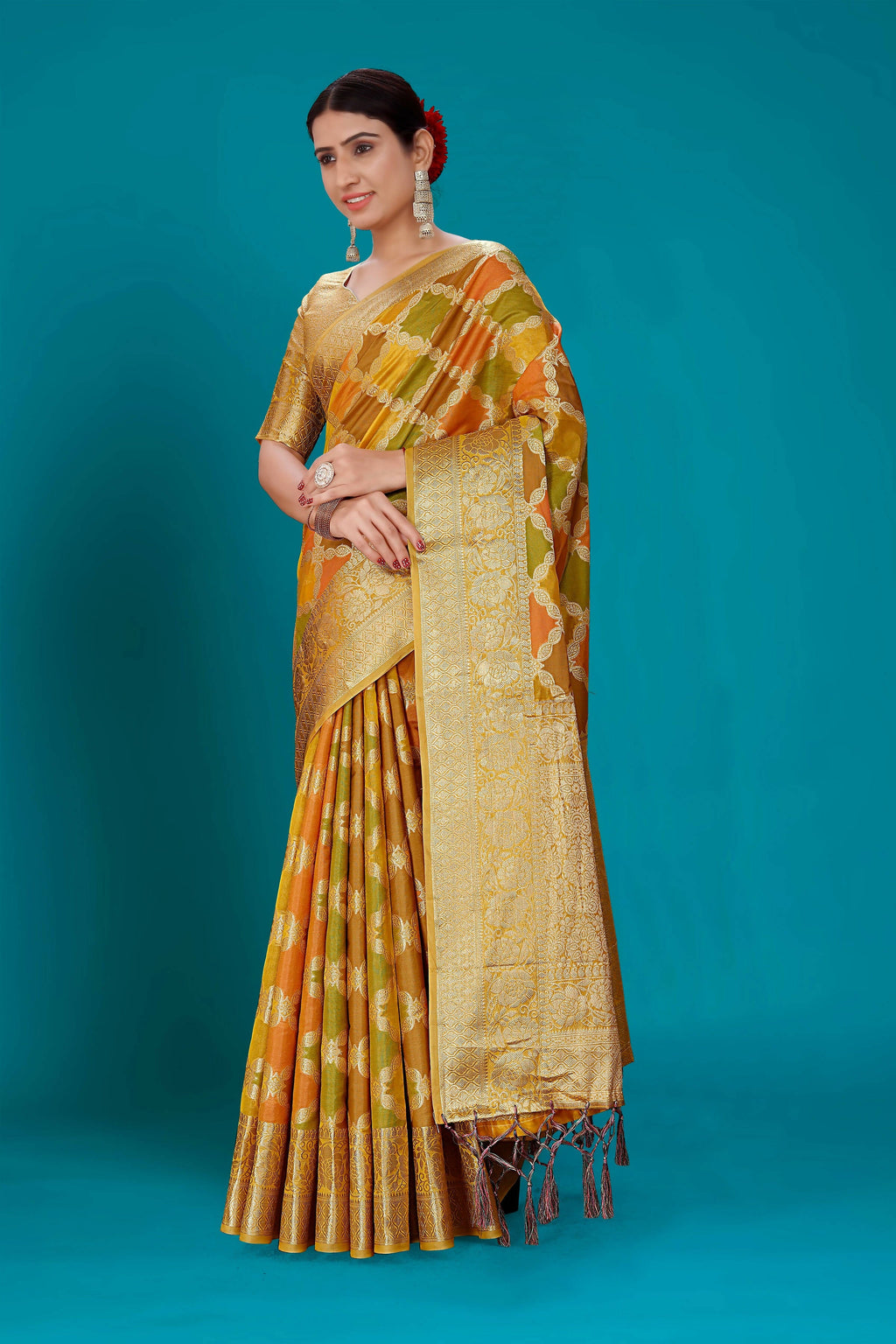 Mustard Soft Organza Woven Design Saree with Unstitched Blouse Piece - Zaara
