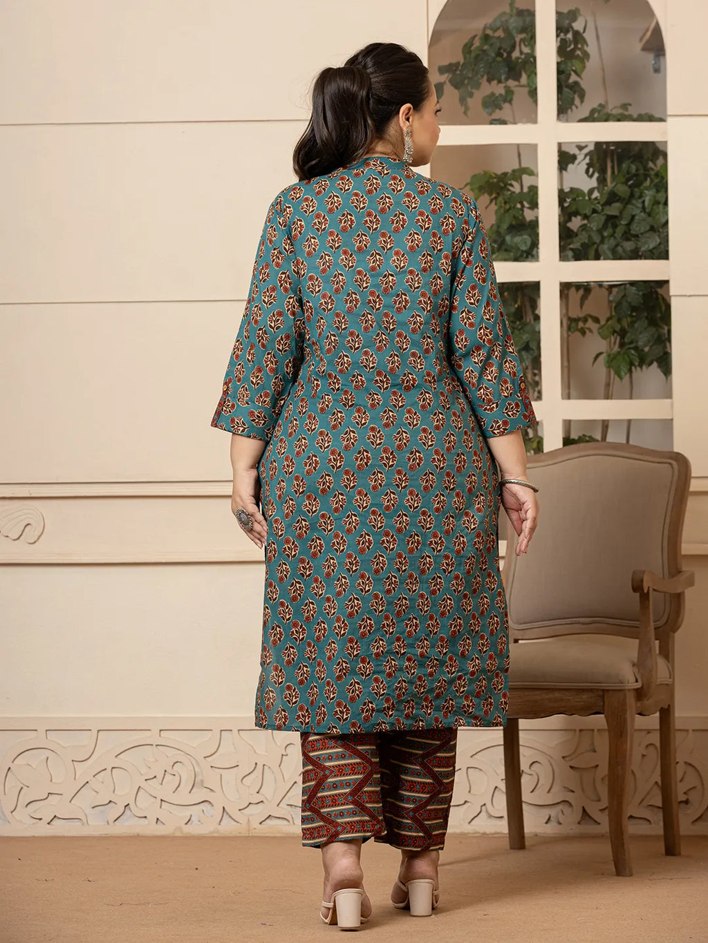 Yufta Floral Print Teal Blue Cotton Plus Size Kurta Set With Dupatta Set