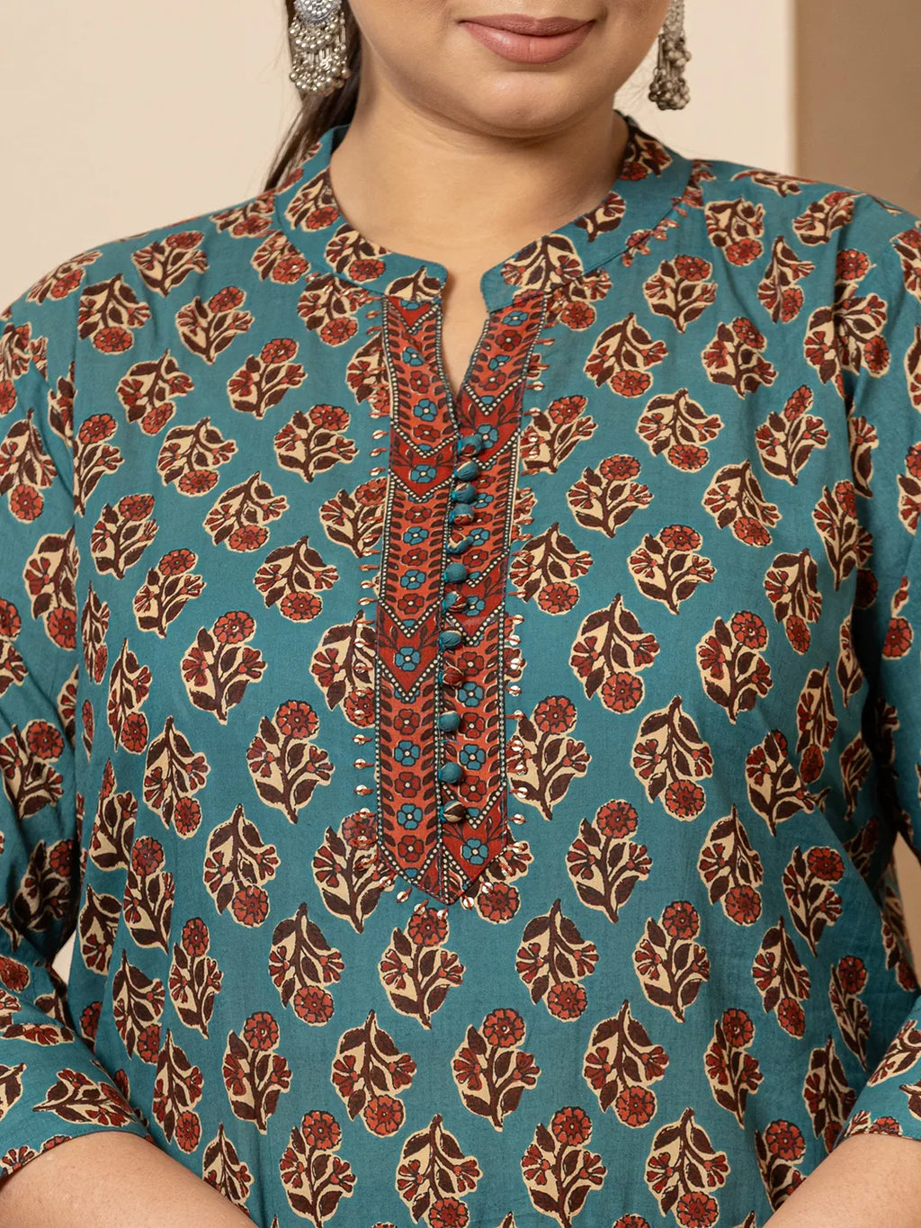 Yufta Floral Print Teal Blue Cotton Plus Size Kurta Set With Dupatta Set