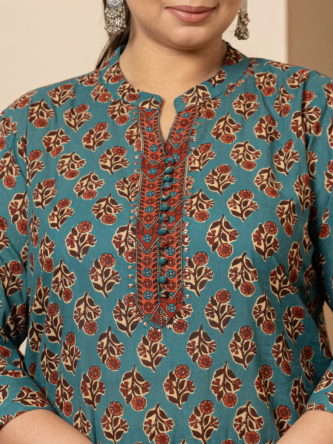 Yufta Floral Print Teal Blue Cotton Plus Size Kurta Set With Dupatta Set