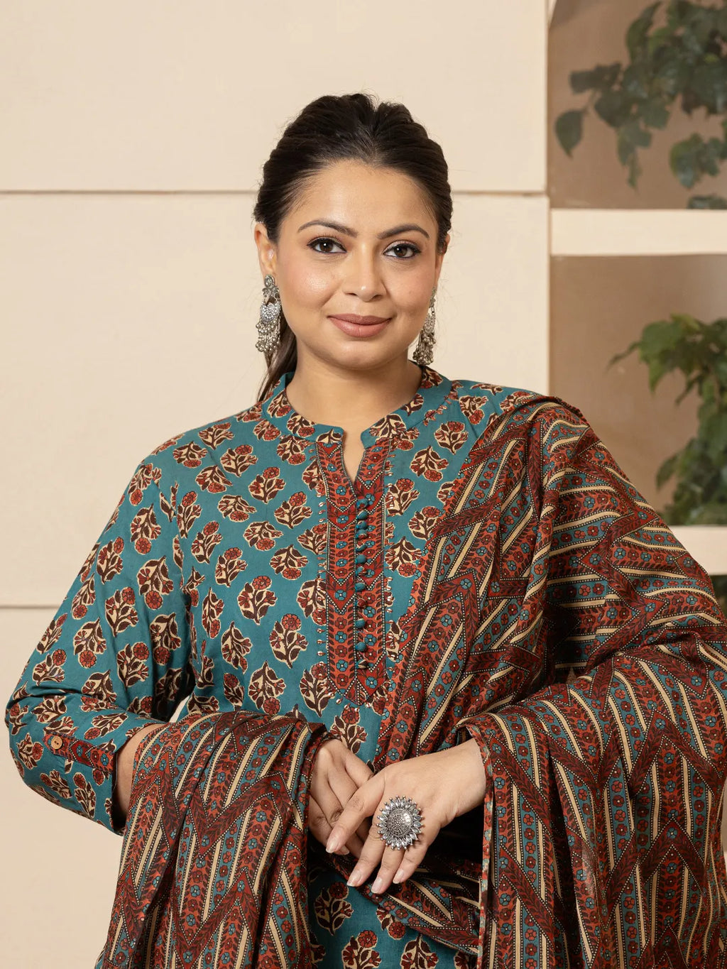 Yufta Floral Print Teal Blue Cotton Plus Size Kurta Set With Dupatta Set