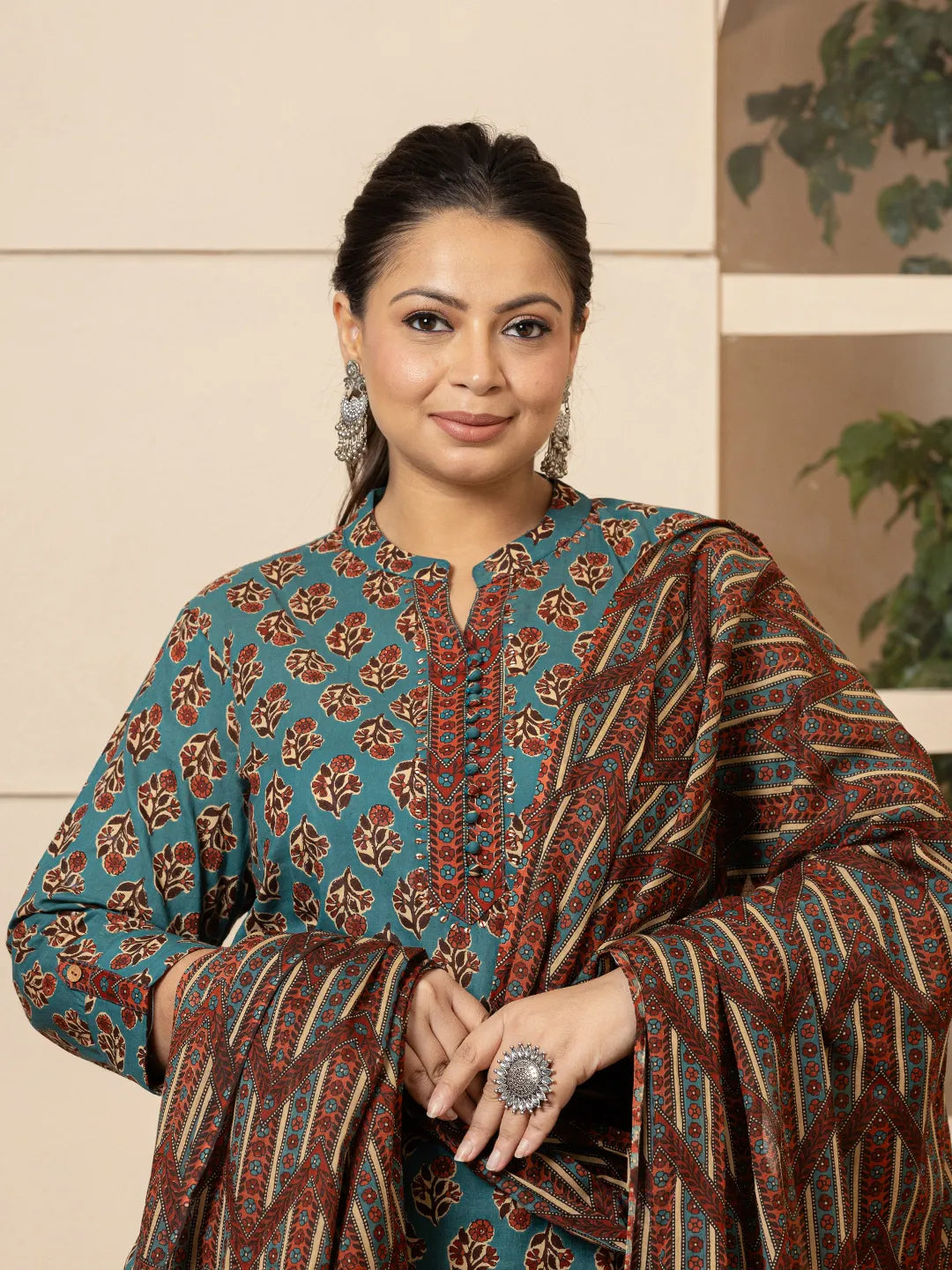 Yufta Floral Print Teal Blue Cotton Plus Size Kurta Set With Dupatta Set