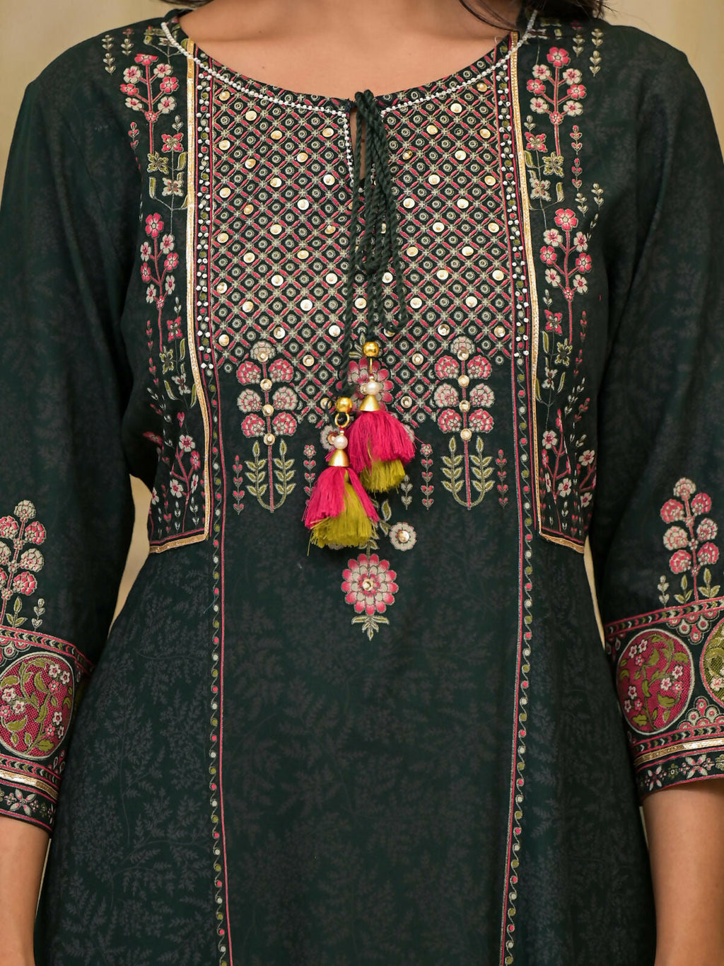 Juniper Women's Green Floral Printed Rayon Kurta Pant With Dupatta Set With Thread Work & Tassels