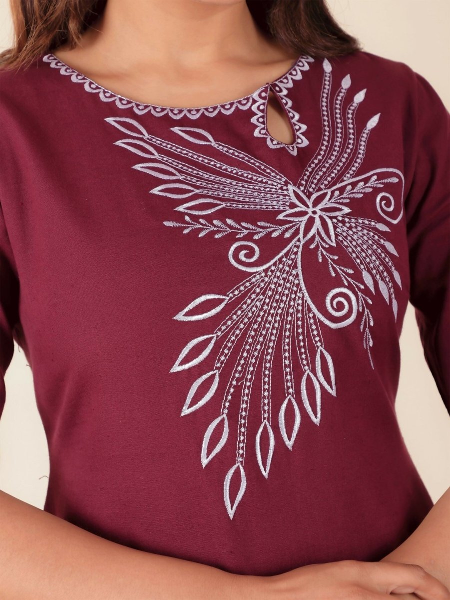 Aramya Maroon Linen Cotton Solid Print Straight Kurta Set for Women