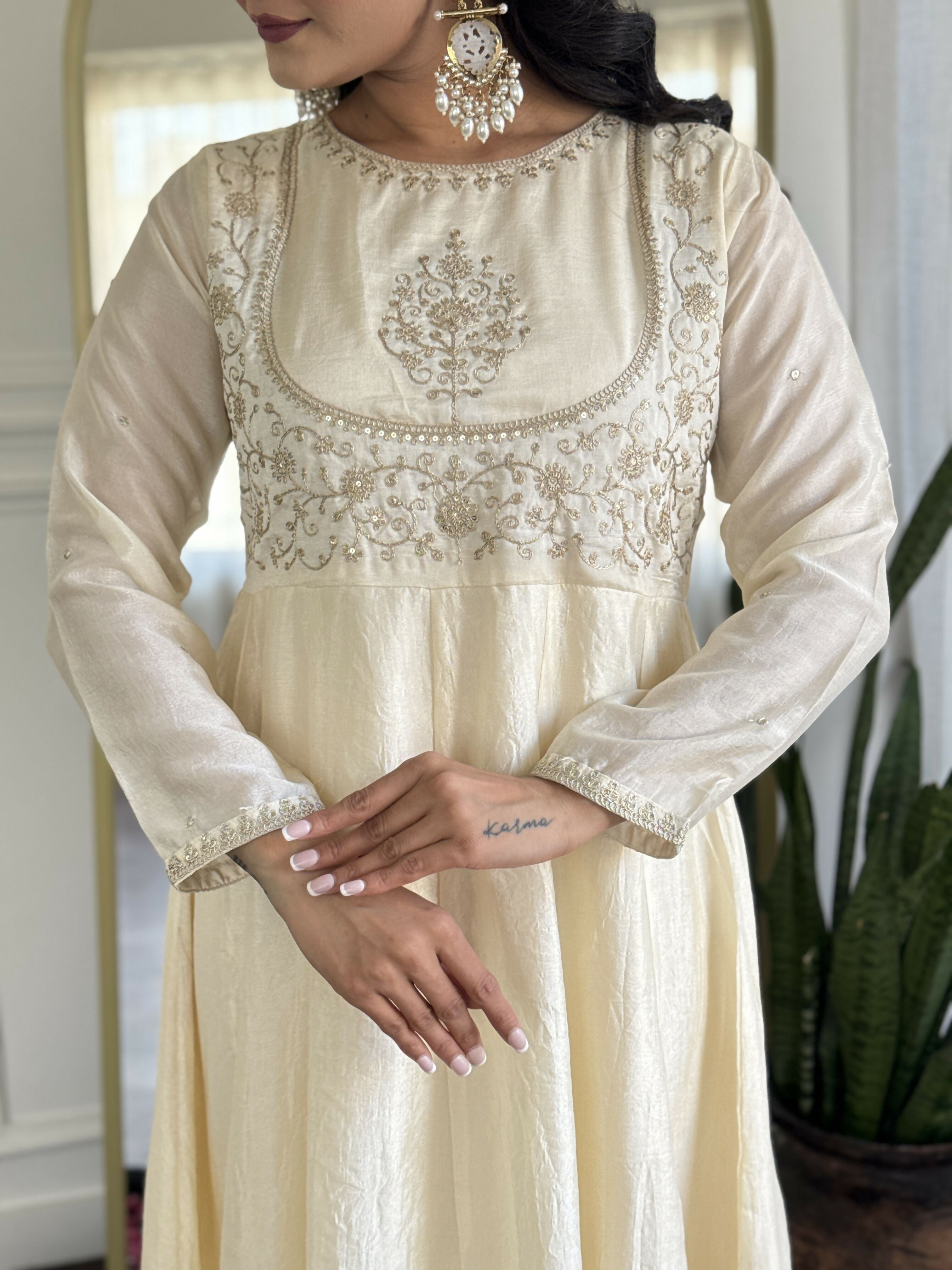 The52 CreamWomen's Gorgeous Embroidered Vichitra Silk Fabric Flared Kurta Pant with Dupatta Set
